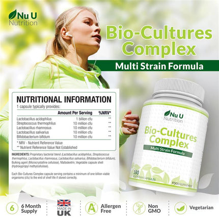 Bio Cultures Complex: 10 Billion CFU Live Cultures for Digestive & Immune Health – 180 Capsules for 6-Month Supply, Vegetarian & Gluten-Free Formula