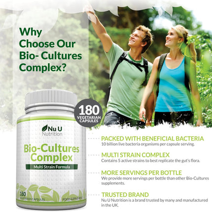 Bio Cultures Complex: 10 Billion CFU Live Cultures for Digestive & Immune Health – 180 Capsules for 6-Month Supply, Vegetarian & Gluten-Free Formula