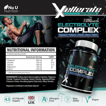 Electrolyte Complex - 270 Vegan Tablets with Sodium, Potassium, Magnesium & Calcium Phosphate - Suitable for Carnivore & Paleo Diet - Xellerate by Nu U Nutrition
