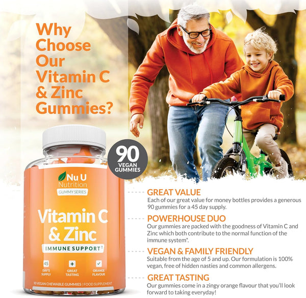 Vitamin C and Zinc Gummies for Adults & Kids (5+) - 90 Vegan Gummies - Natural Orange Flavour