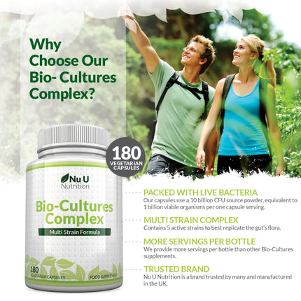 Bio Cultures Complex: 10 Billion CFU Live Cultures for Digestive & Immune Health – 180 Capsules for 6-Month Supply, Vegetarian & Gluten-Free Formula