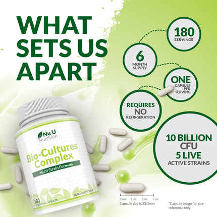 Bio Cultures Complex: 10 Billion CFU Live Cultures for Digestive & Immune Health – 180 Capsules for 6-Month Supply, Vegetarian & Gluten-Free Formula