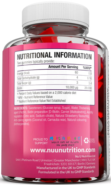 Biotin Hair Gummies 10,000mcg - 90 Vegan Gummies - Strawberry Flavour - 45 Day Supply