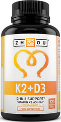 ZHOU Vitamin D3 with K2 - Vitamin D3 4000 IU & Vitamin K2 100 UG - 120 High Strength Vitamin D3 K2 Capsules - Cholecalciferol and MK7 - 4 Month Supply