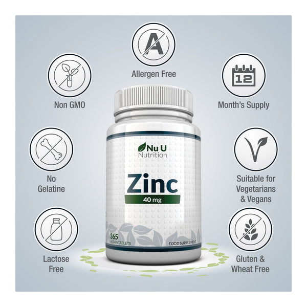 Zinc Tablets 40mg - 365 Vegan Tablets - 1 Year Supply