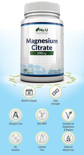 Magnesium Citrate 200mg - 180 Tablets - 6 Month Supply