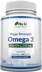 Omega 3 2200mg & Vitamin D3 2000IU - 250 Capsules - Over 4 Month Supply