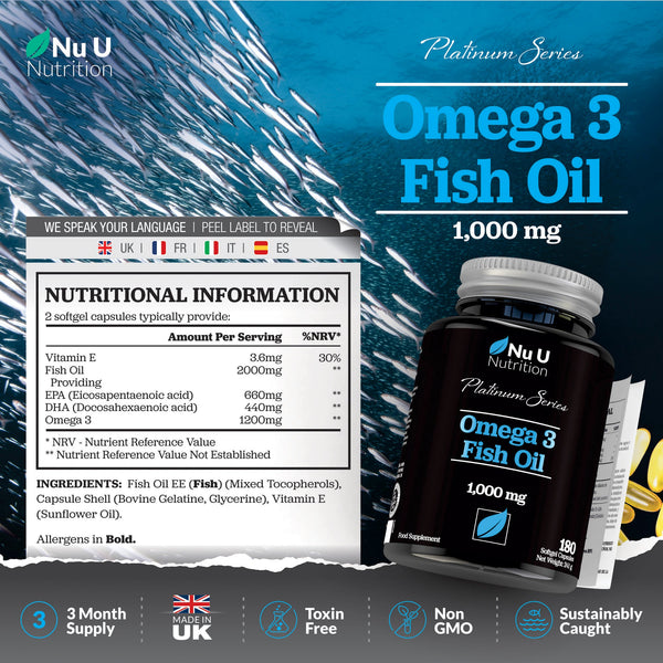 Omega 3 Fish Oil 1000mg - 180 Softgel Capsules - 6 Month Supply