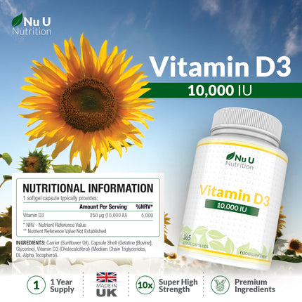 Vitamin D3 10,000IU Premium Capsules - Supports Bone Health, Immune Function & Overall Wellbeing - Gluten Free Formula for Optimal Sunshine Vitamin Levels