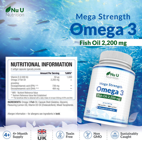 Omega 3 2200mg & Vitamin D3 2000IU - 250 Capsules - Over 4 Month Supply