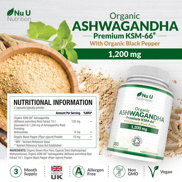 Organic Ashwagandha KSM-66 with Organic Black Pepper - 180 Vegan Capsules - 1200 mg