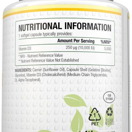 Vitamin D3 10,000IU Premium Capsules - Supports Bone Health, Immune Function & Overall Wellbeing - Gluten Free Formula for Optimal Sunshine Vitamin Levels