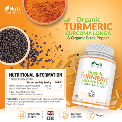 Turmeric Curcumin 600mg with Black Pepper for Enhanced Absorption - Organic Vegan Anti-Inflammatory Supplement for Joint & Immunity Support