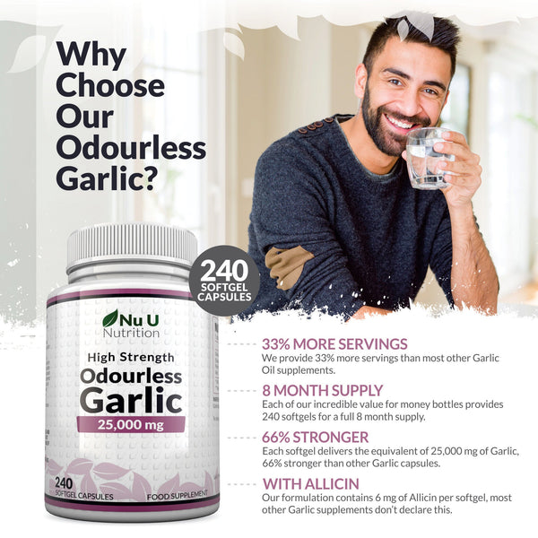 Garlic Capsules Odourless 25,000mg - 240 Softgel Capsules - 8 Month Supply