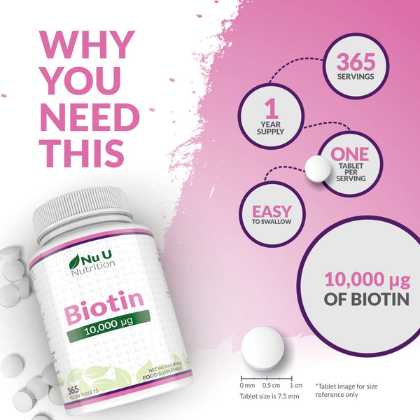 Biotin 10,000 mcg - 365 Vegan Tablets - 1 Year Supply