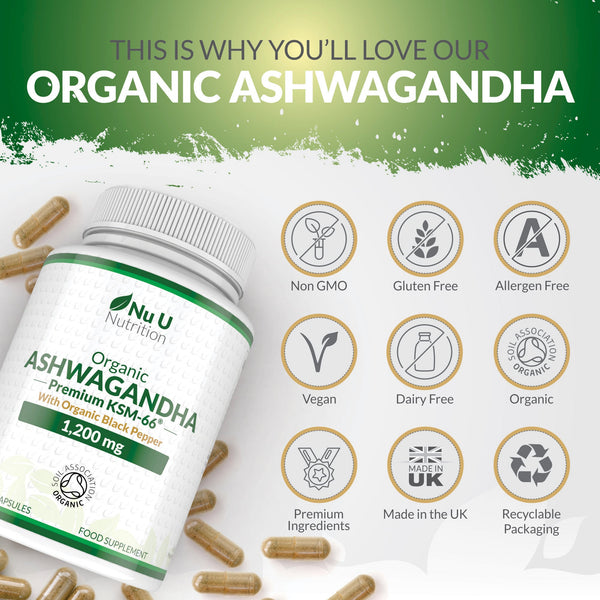 Organic Ashwagandha KSM-66 with Organic Black Pepper - 180 Vegan Capsules - 1200 mg