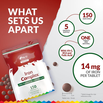Iron Supplement - 150 Vegan Tablets - Complex with Vitamin C, B12 and Folic Acid - High Strength Ferrous Fumarate 14mg
