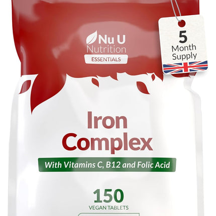 Iron Supplement - 150 Vegan Tablets - Complex with Vitamin C, B12 and Folic Acid - High Strength Ferrous Fumarate 14mg
