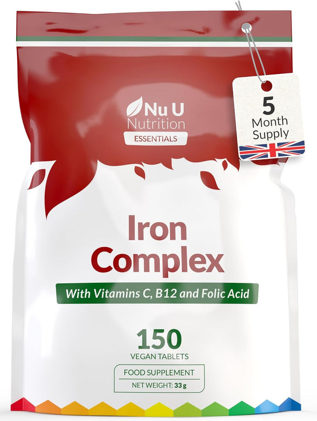 Iron Supplement - 150 Vegan Tablets - Complex with Vitamin C, B12 and Folic Acid - High Strength Ferrous Fumarate 14mg