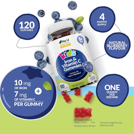 Kids Iron & Vitamin C Gummies (5 Years+) - 120 Vegan Blueberry Flavour Gummy Bears - 4 Month Supply - Iron 7mg + Vitamin C 10mg per Serving - Energy & Immune Support