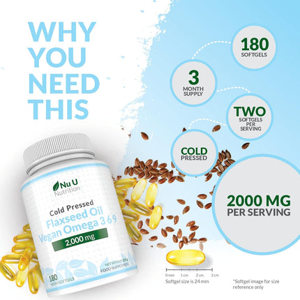 Premium Cold Pressed Flaxseed Oil 1000mg - 180 Vegan Softgel Capsules - Rich Source of Omega 3, 6 & 9 - Supports Heart, Brain & Digestive Health - 6 Month Supply