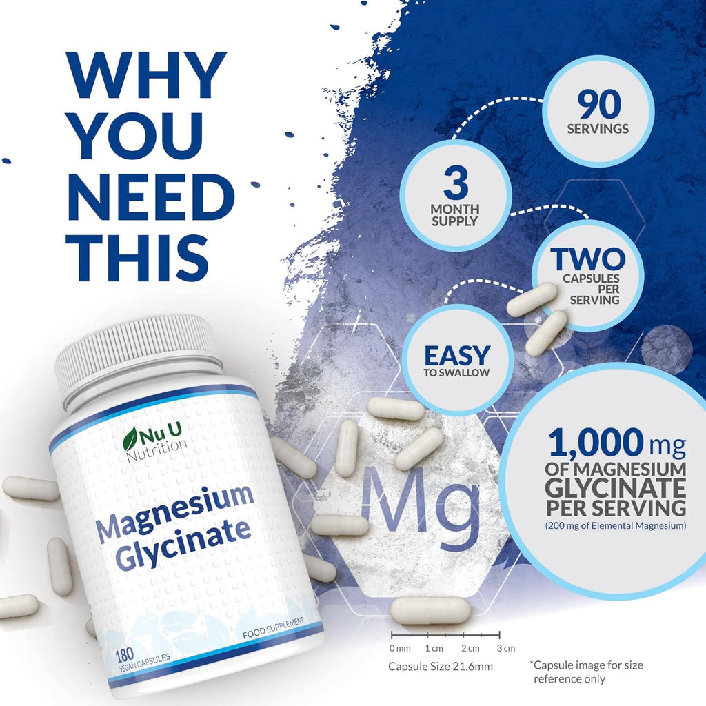 Magnesium Glycinate 1000mg 180 Vegan Capsules Made in the UK Nu U