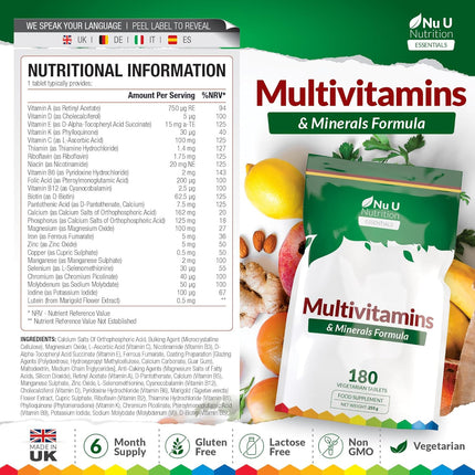 Multivitamins & Minerals - 180 Vegetarian Tablets - Resealable Pouch - Essentials