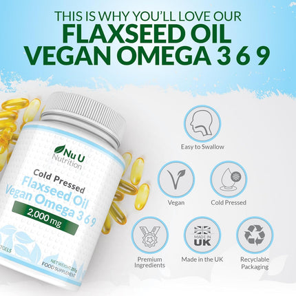 Premium Cold Pressed Flaxseed Oil 1000mg - 180 Vegan Softgel Capsules - Rich Source of Omega 3, 6 & 9 - Supports Heart, Brain & Digestive Health - 6 Month Supply