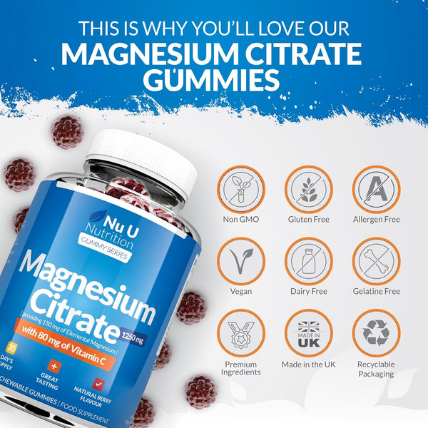 Magnesium Gummies 1060mg for Adults and Kids (5+) - 60 Vegan Gummies - 1 Month Supply - Berry Flavour