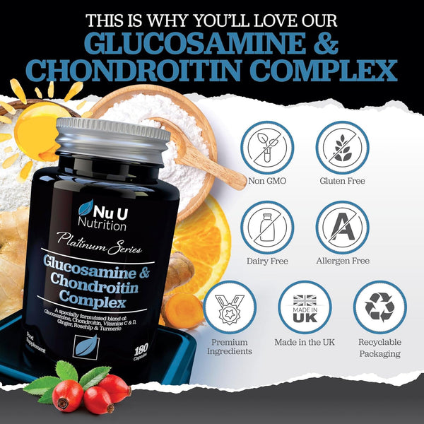 Glucosamine and Chondroitin High Strength Complex - 180 Capsules - With Turmeric, Ginger, Rosehip, Vitamin C & D - 3 Month Supply