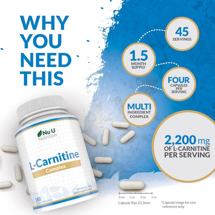 L-Carnitine Complex 2200mg - 180 High Strength Vegan Capsules - 1.5 Month Supply