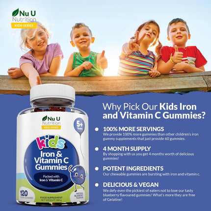 Kids Iron & Vitamin C Gummies (5 Years+) - 120 Vegan Blueberry Flavour Gummy Bears - 4 Month Supply - Iron 7mg + Vitamin C 10mg per Serving - Energy & Immune Support