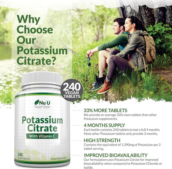 Potassium Supplement 1550mg & Vitamin C - 240 Vegan Tablets - 4 Month Supply