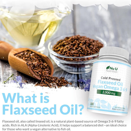 Premium Cold Pressed Flaxseed Oil 1000mg - 180 Vegan Softgel Capsules - Rich Source of Omega 3, 6 & 9 - Supports Heart, Brain & Digestive Health - 6 Month Supply