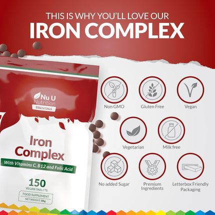 Iron Supplement - 150 Vegan Tablets - Complex with Vitamin C, B12 and Folic Acid - High Strength Ferrous Fumarate 14mg