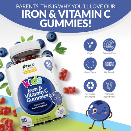 Kids Iron & Vitamin C Gummies (5 Years+) - 120 Vegan Blueberry Flavour Gummy Bears - 4 Month Supply - Iron 7mg + Vitamin C 10mg per Serving - Energy & Immune Support