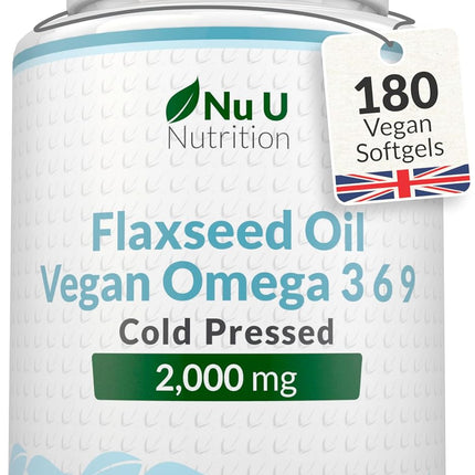 Premium Cold Pressed Flaxseed Oil 1000mg - 180 Vegan Softgel Capsules - Rich Source of Omega 3, 6 & 9 - Supports Heart, Brain & Digestive Health - 6 Month Supply