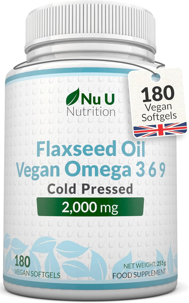 Premium Cold Pressed Flaxseed Oil 1000mg - 180 Vegan Softgel Capsules - Rich Source of Omega 3, 6 & 9 - Supports Heart, Brain & Digestive Health - 6 Month Supply