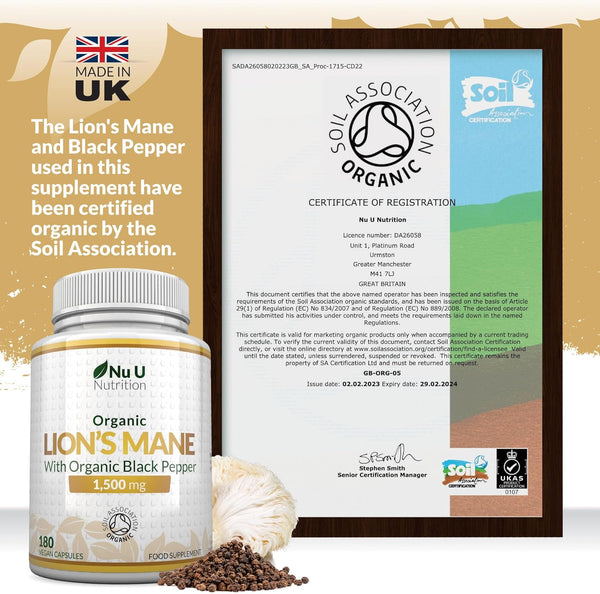 Organic Lions Mane with Black Pepper 1500mg - 180 Vegan Capsules - 6 Month Supply