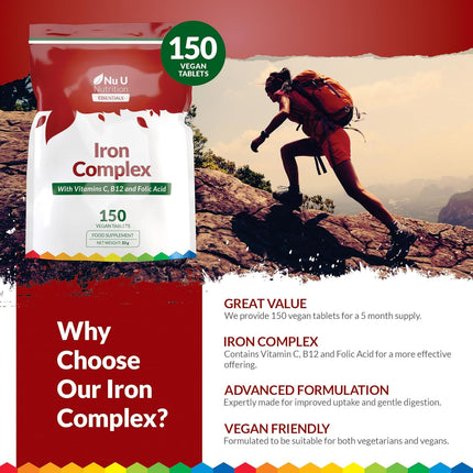 Iron Supplement - 150 Vegan Tablets - Complex with Vitamin C, B12 and Folic Acid - High Strength Ferrous Fumarate 14mg