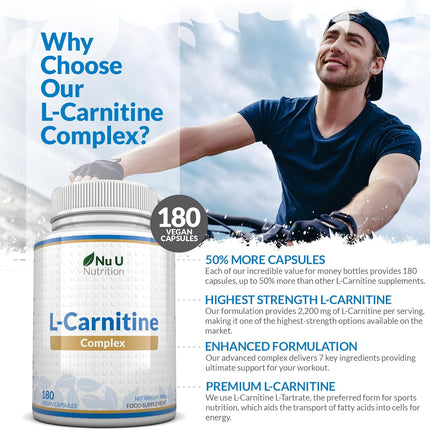 L-Carnitine Complex 2200mg - 180 High Strength Vegan Capsules - 1.5 Month Supply