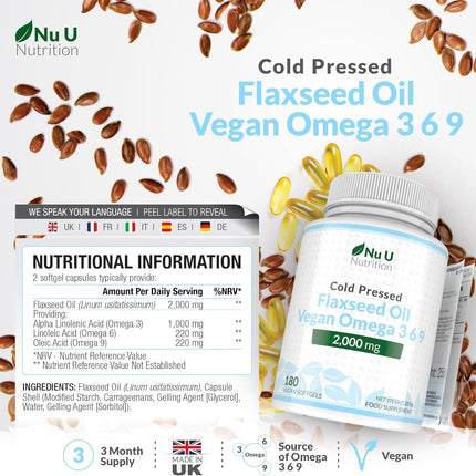 Premium Cold Pressed Flaxseed Oil 1000mg - 180 Vegan Softgel Capsules - Rich Source of Omega 3, 6 & 9 - Supports Heart, Brain & Digestive Health - 6 Month Supply
