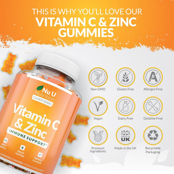 Vitamin C and Zinc Gummies for Adults & Kids (5+) - 90 Vegan Gummies - Natural Orange Flavour