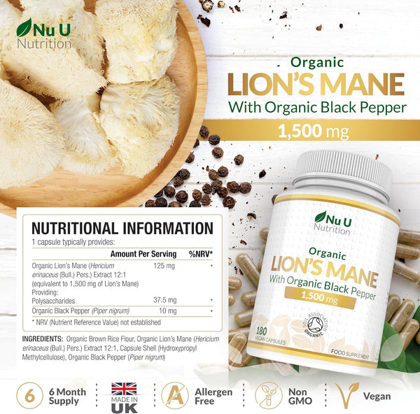 Organic Lions Mane with Black Pepper 1500mg - 180 Vegan Capsules - 6 Month Supply