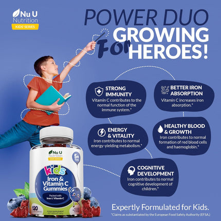 Kids Iron & Vitamin C Gummies (5 Years+) - 120 Vegan Blueberry Flavour Gummy Bears - 4 Month Supply - Iron 7mg + Vitamin C 10mg per Serving - Energy & Immune Support