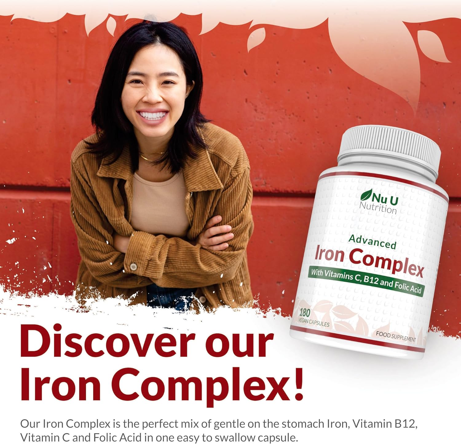 Gentle Iron Capsules For Women & Men - 18mg Iron With Vitamin C, B12, Folate & Zinc - 60 Vegan Capsules For Energy & Immunity