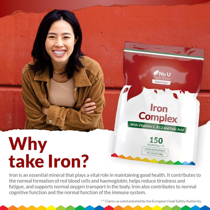 Iron Supplement - 150 Vegan Tablets - Complex with Vitamin C, B12 and Folic Acid - High Strength Ferrous Fumarate 14mg