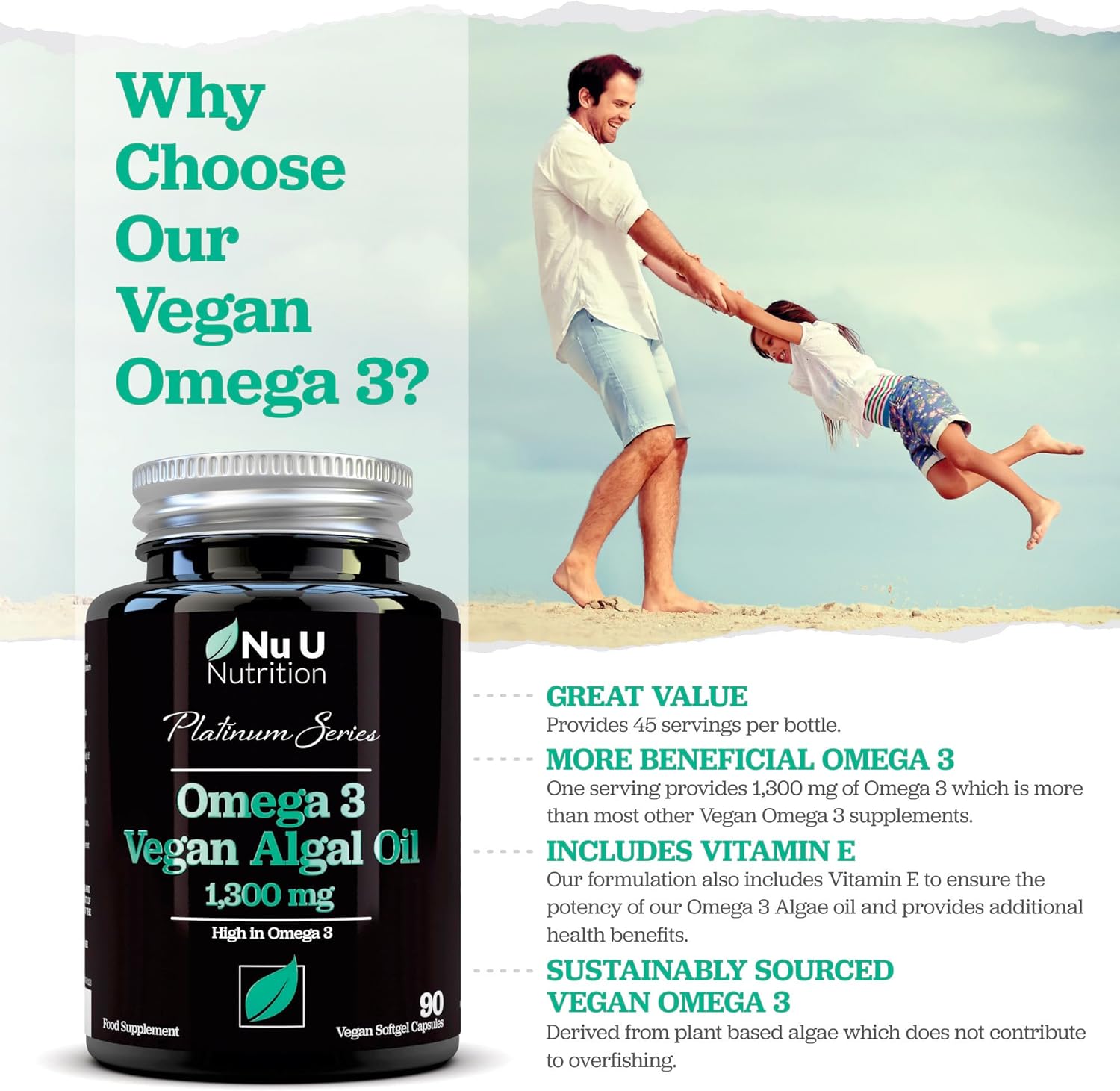 Vegan Omega 3 Rich Algae Oil Capsules with Vitamin E - 1300mg Algae Oil ...