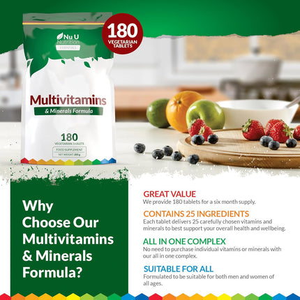 Multivitamins & Minerals - 180 Vegetarian Tablets - Resealable Pouch - Essentials