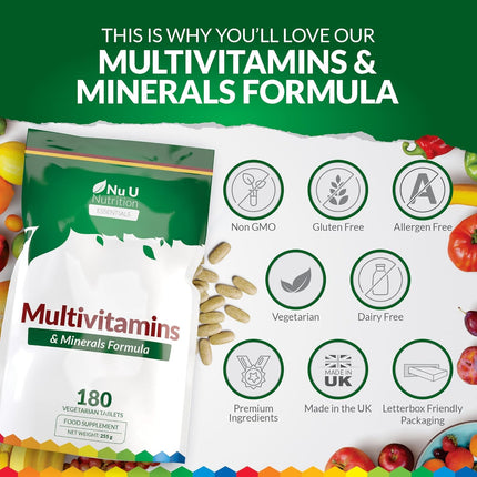 Multivitamins & Minerals - 180 Vegetarian Tablets - Resealable Pouch - Essentials